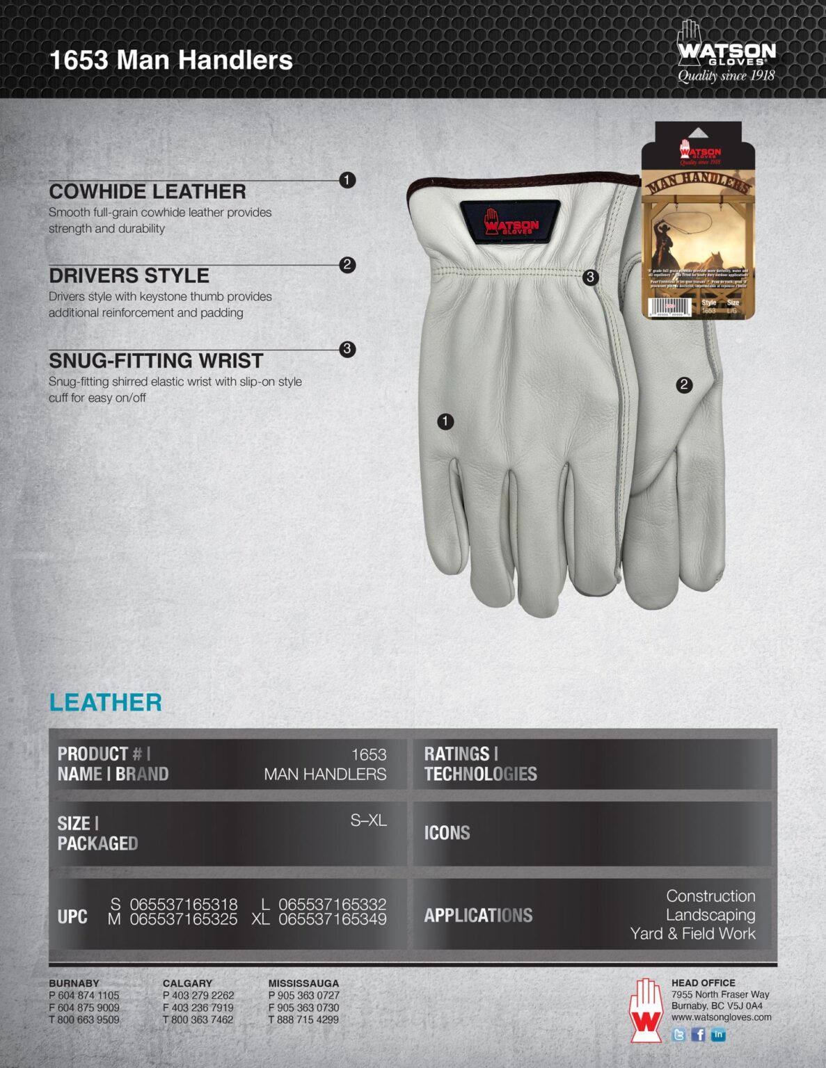 1653 Man Handlers Leather Ranch Glove Spec Sheet - Watson Gloves