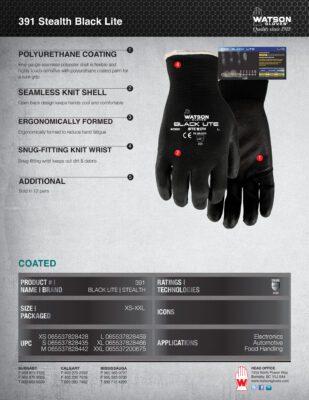 391 Stealth Black Lite Seamless Knit Glove Spec Sheet