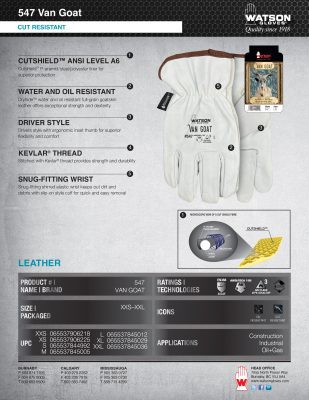 547 Van Goat Cut Resistant Goatskin Leather Work Glove Spec Sheet IMG