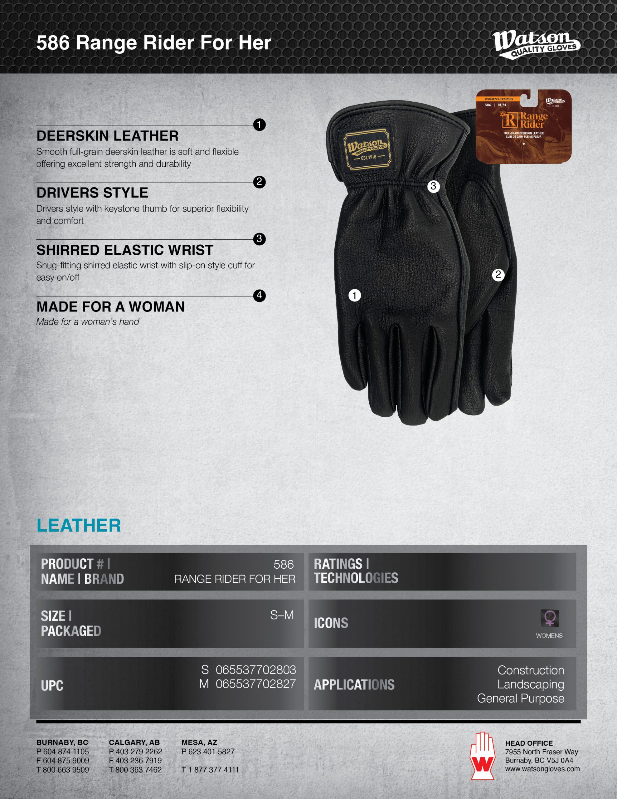 Range Rider Gear 586 Women's Range Rider Deerskin Leather Glove Spec Sheet - Watson Gloves