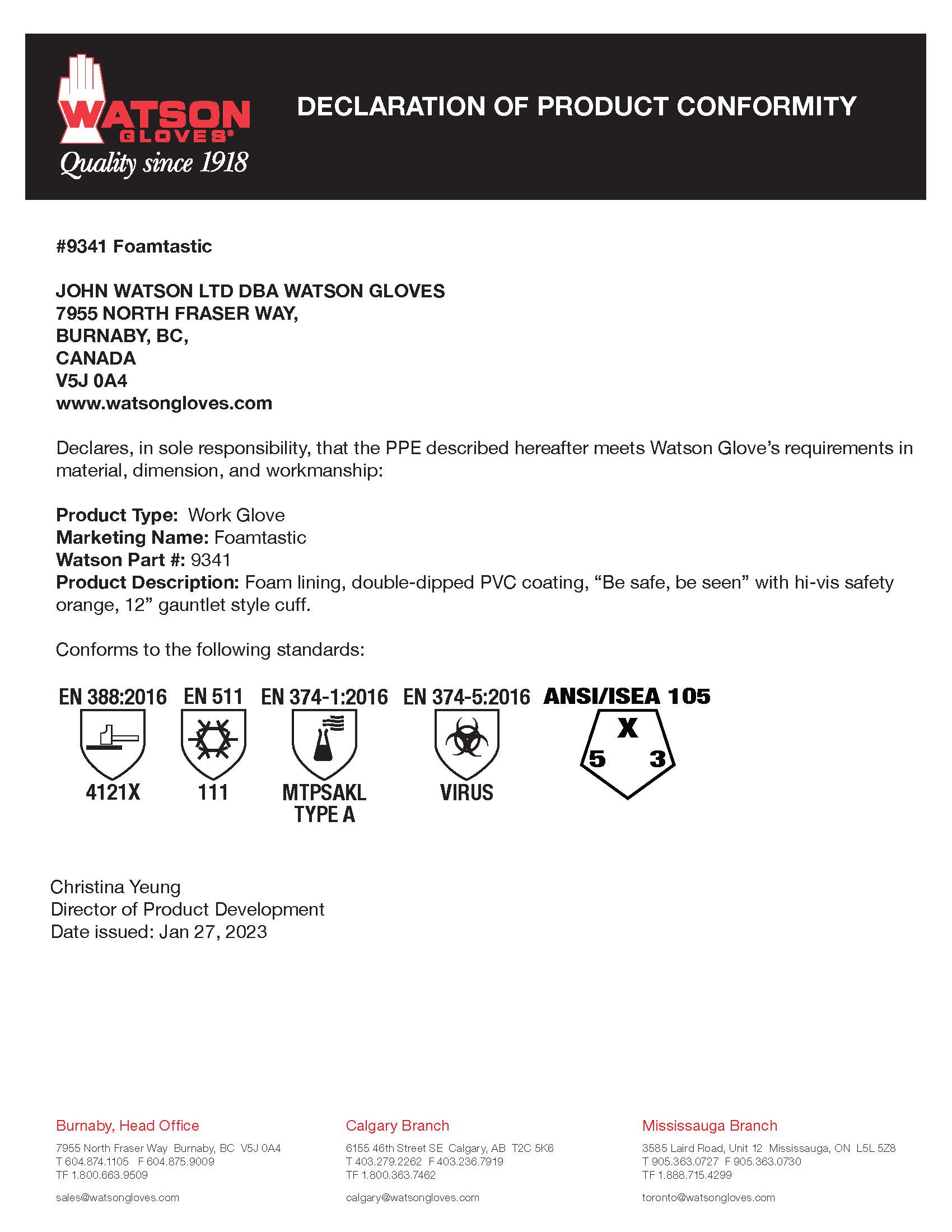 9341 Foamtastic Declaration of Product Conformity - Watson Gloves
