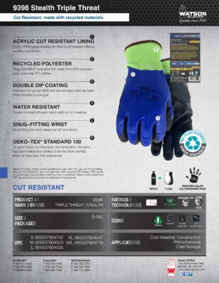 9398 Stealth Triple Threat Water Resistant Fully Coated Seamless Knit Glove made from Recycled Plastic Bottles Spec Sheet IMG