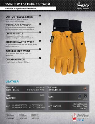 9597CKW Duke Knit Wrist Winter Glove Spec Sheet IMG