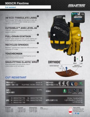 9005CR Flextime Cutshield A6 Cut Resistant High Performance Winter Glove Spec Sheet IMG