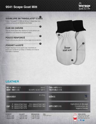 9541 Scape Goat Goatskin Leather Eco–Thinsulate Winter Mitt French Spec Sheet IMG