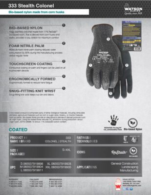 333 Stealth Colonel Bio-Based Work Glove Spec Sheet IMG